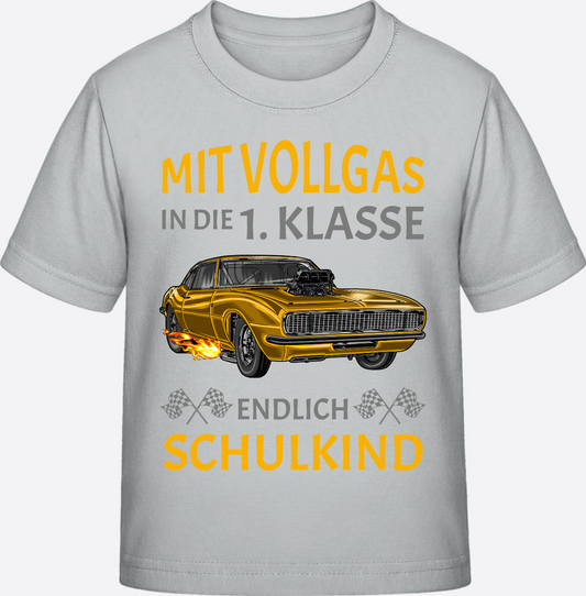 T-Shirt Einschulung: Mit Vollgas in die 1. Klasse - Rennauto - Pacific Grey