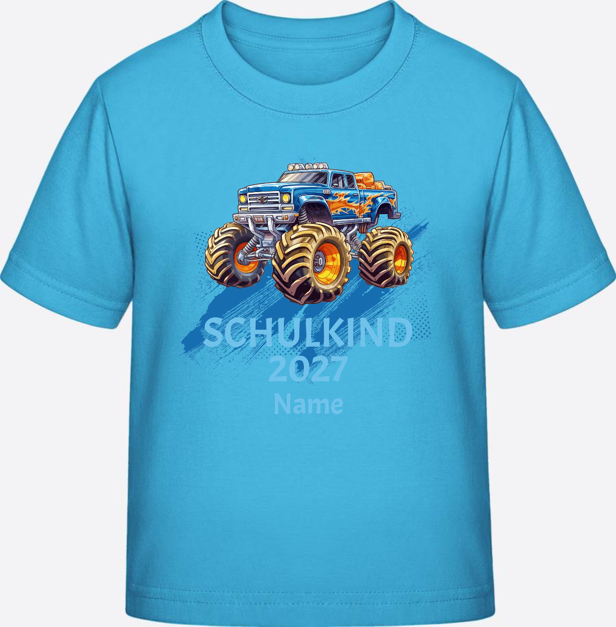 T-Shirt Einschulung Monstertruck personalisiert mit Name - Aqua Blue