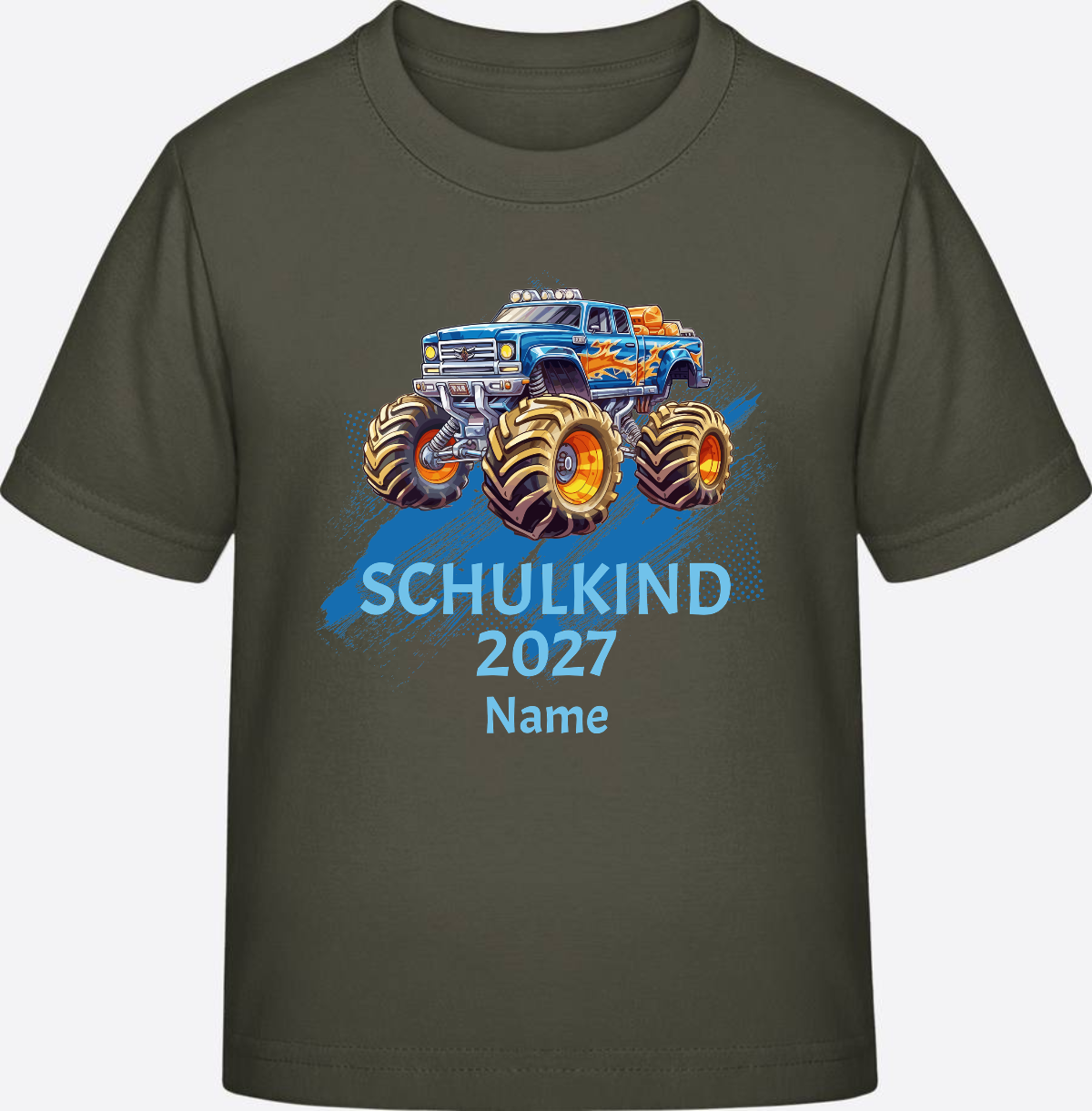 T-Shirt Einschulung Monstertruck personalisiert mit Name - Khaki