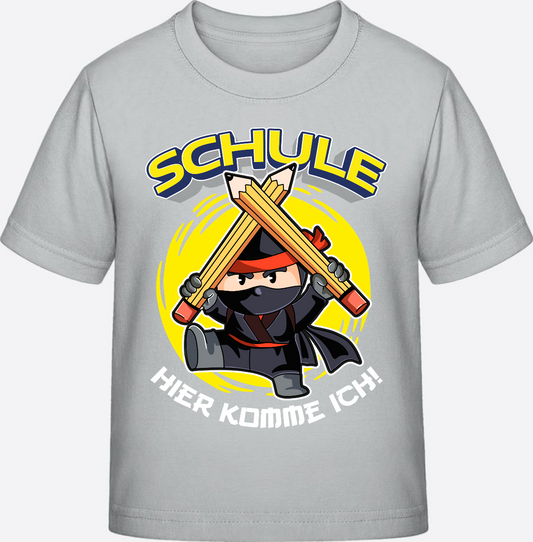 T-Shirt Einschulung – Schule hier komme ich! Ninja mit Name - Pacific Grey