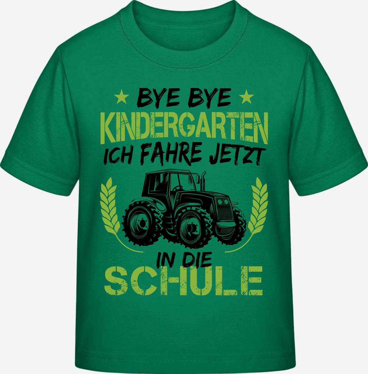 T-Shirt Einschulung Traktor Schwarz-Grün – Bye Bye Kindergarten - Kelly Green