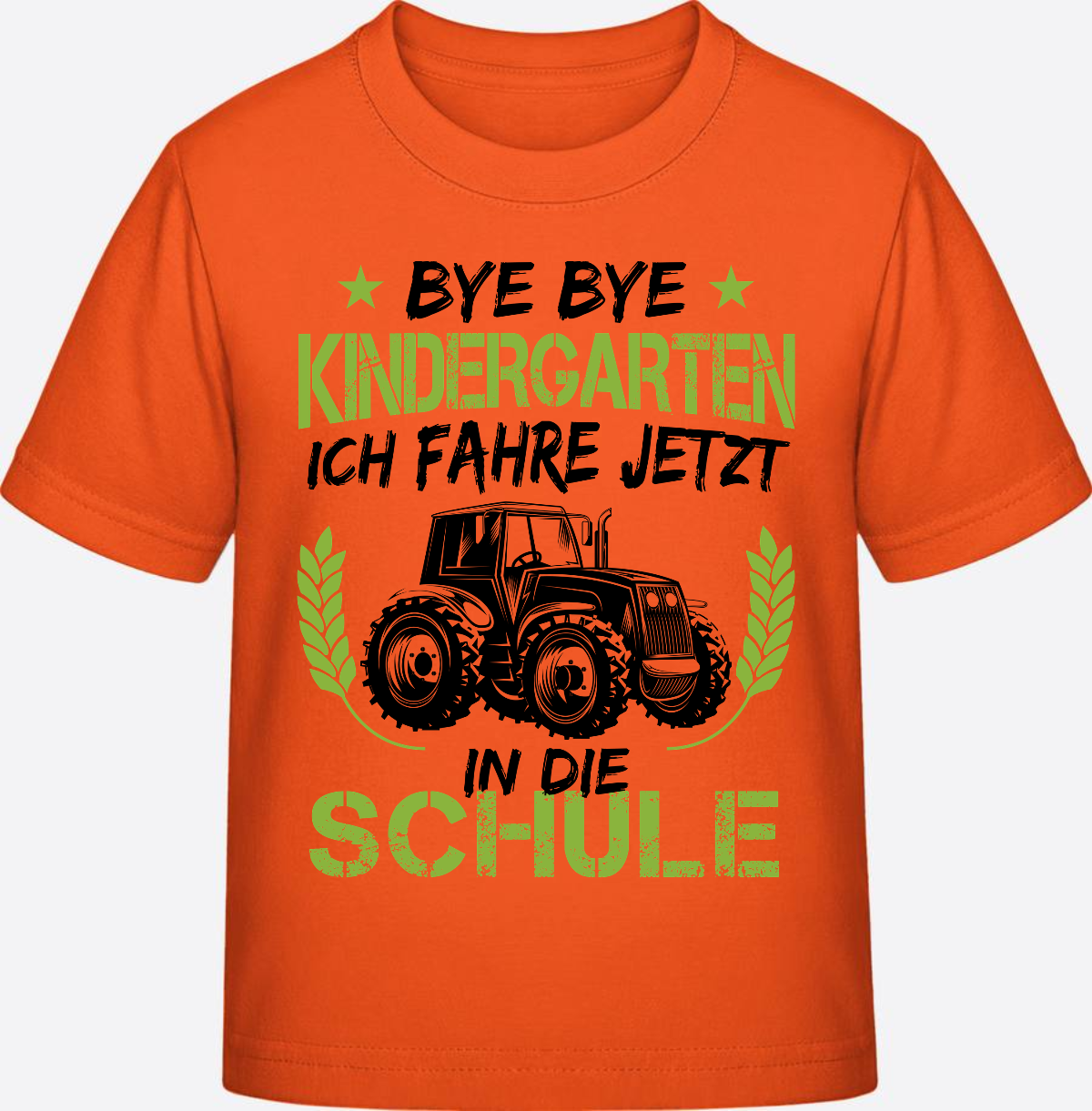 T-Shirt Einschulung Traktor Schwarz-Grün – Bye Bye Kindergarten - Orange