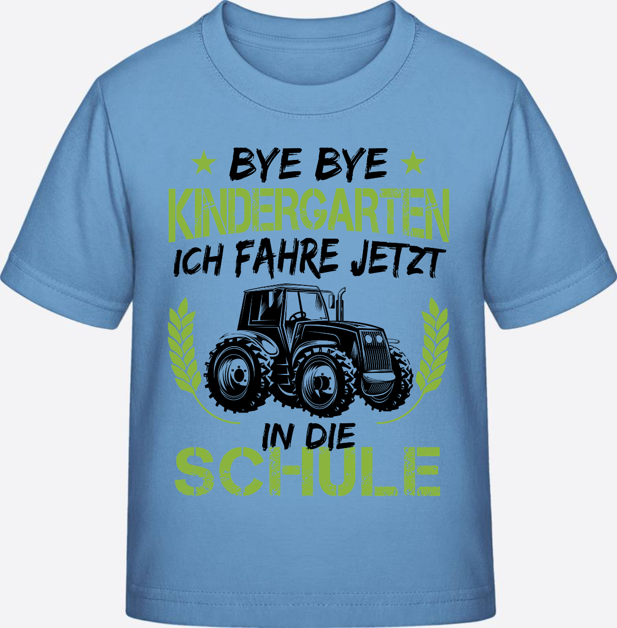 T-Shirt Einschulung Traktor Schwarz-Grün – Bye Bye Kindergarten - Sky Blue