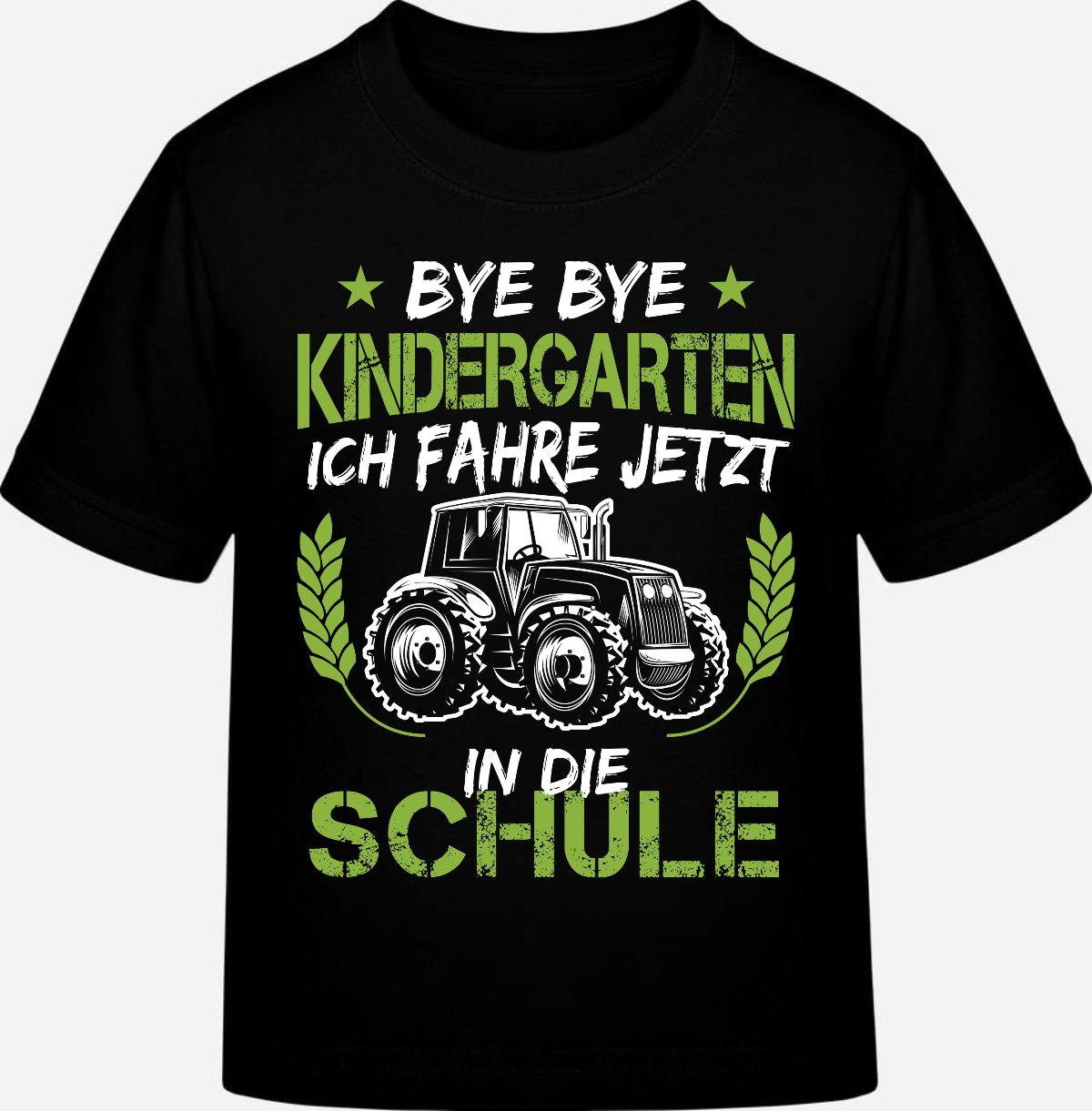 T-Shirt Einschulung Traktor Weiß-Grün – Bye Bye Kindergarten - Black