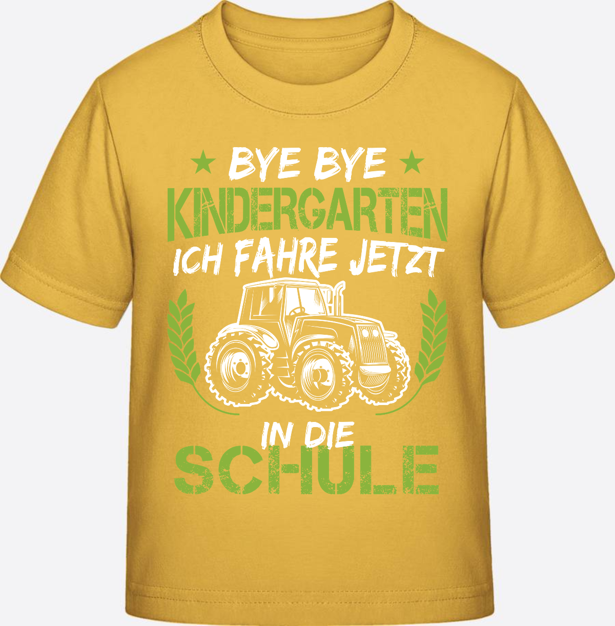 T-Shirt Einschulung Traktor Weiß-Grün – Bye Bye Kindergarten - Gold