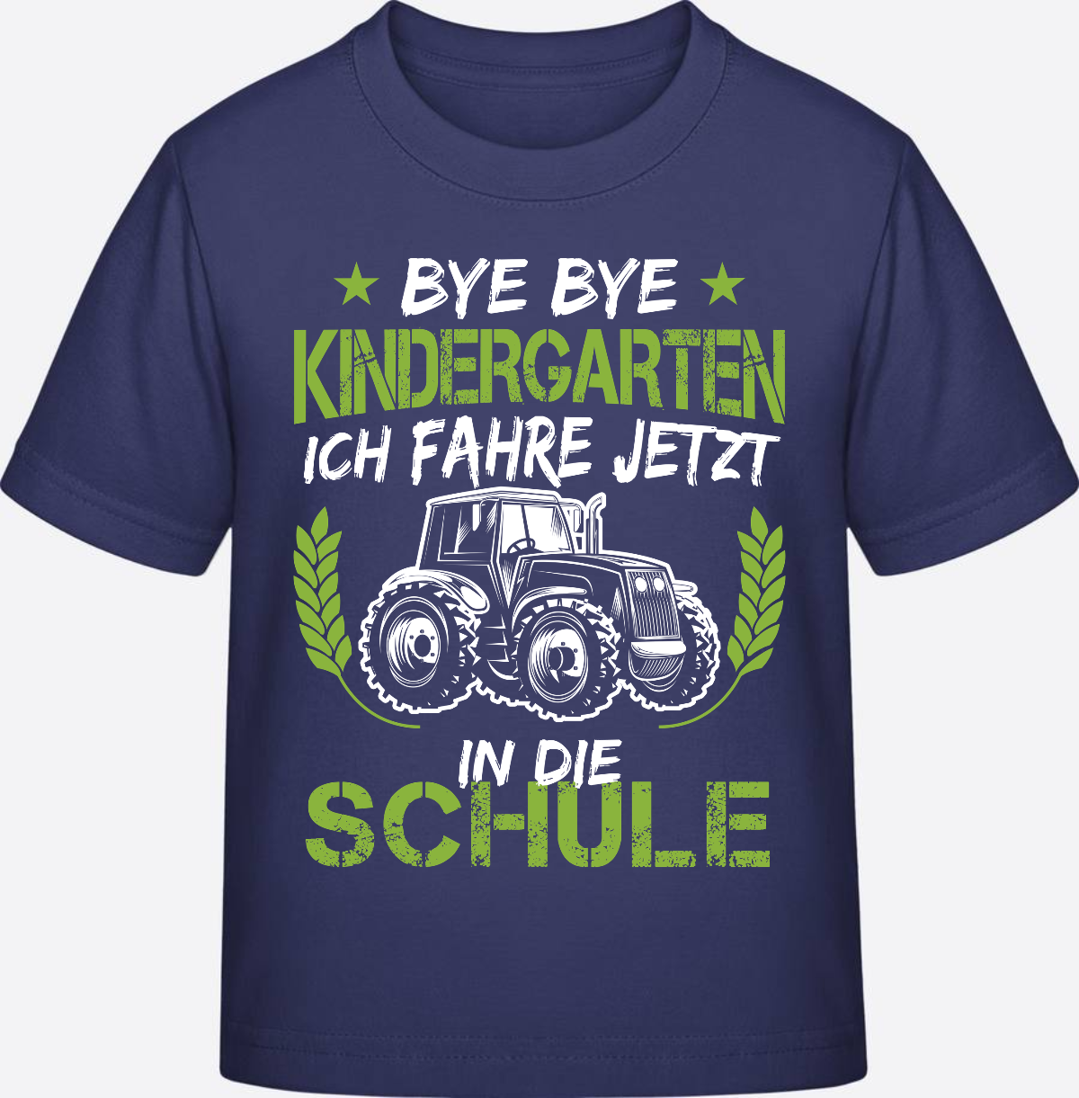 T-Shirt Einschulung Traktor Weiß-Grün – Bye Bye Kindergarten - Indigo