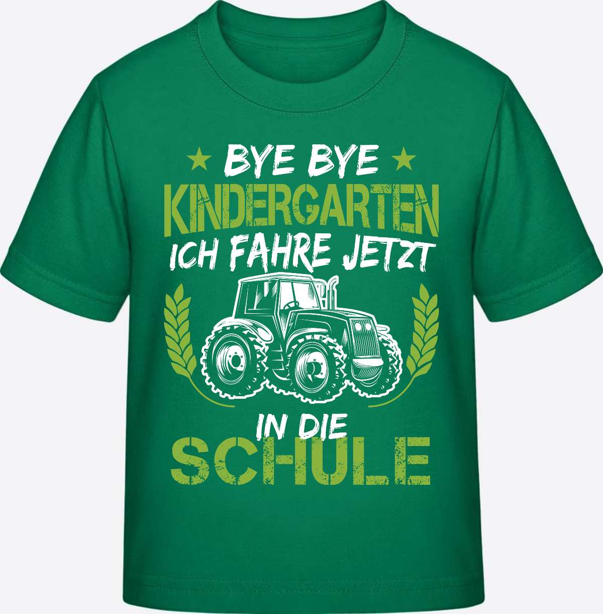T-Shirt Einschulung Traktor Weiß-Grün – Bye Bye Kindergarten - Kelly Green
