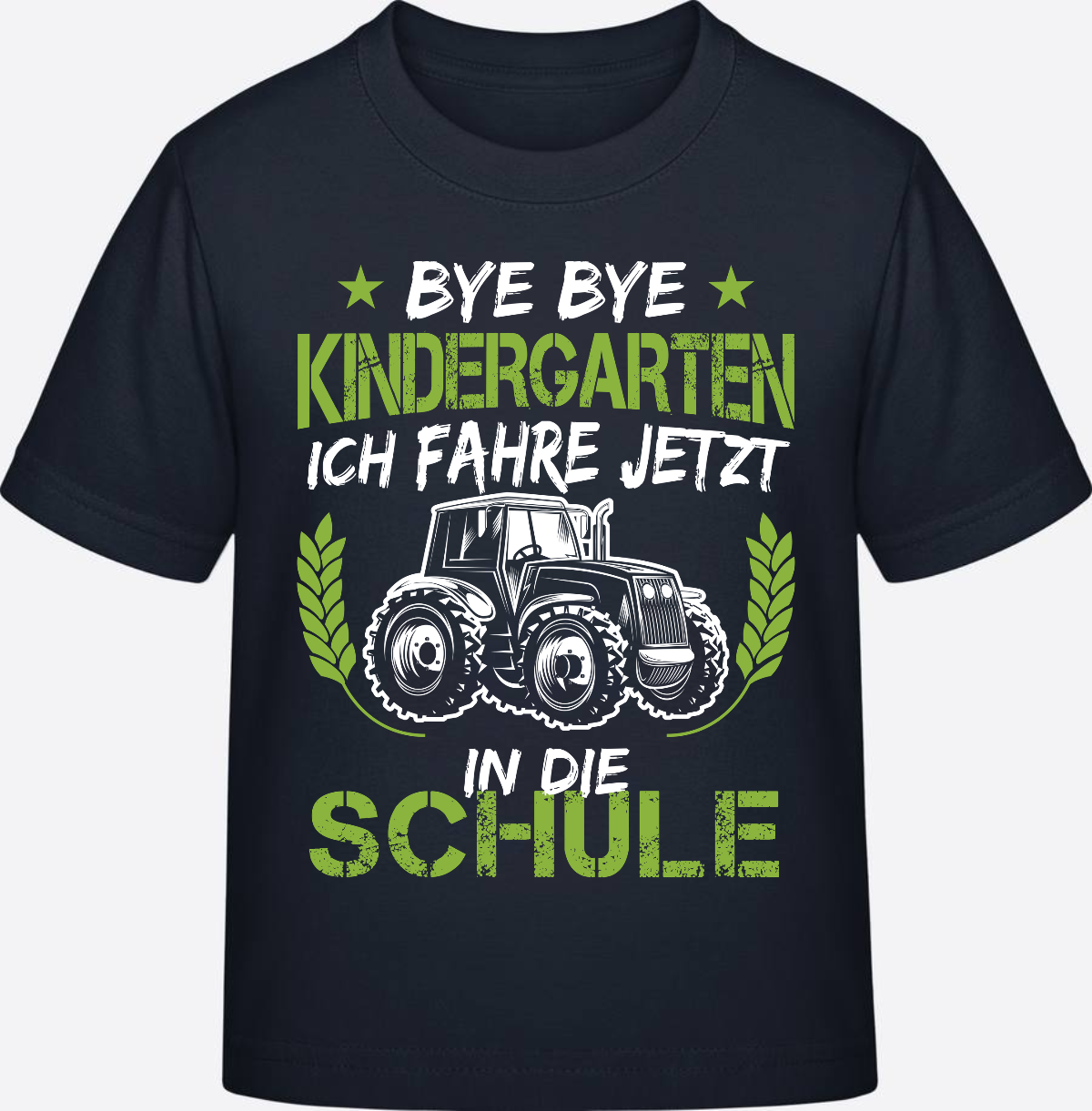 T-Shirt Einschulung Traktor Weiß-Grün – Bye Bye Kindergarten - Navy