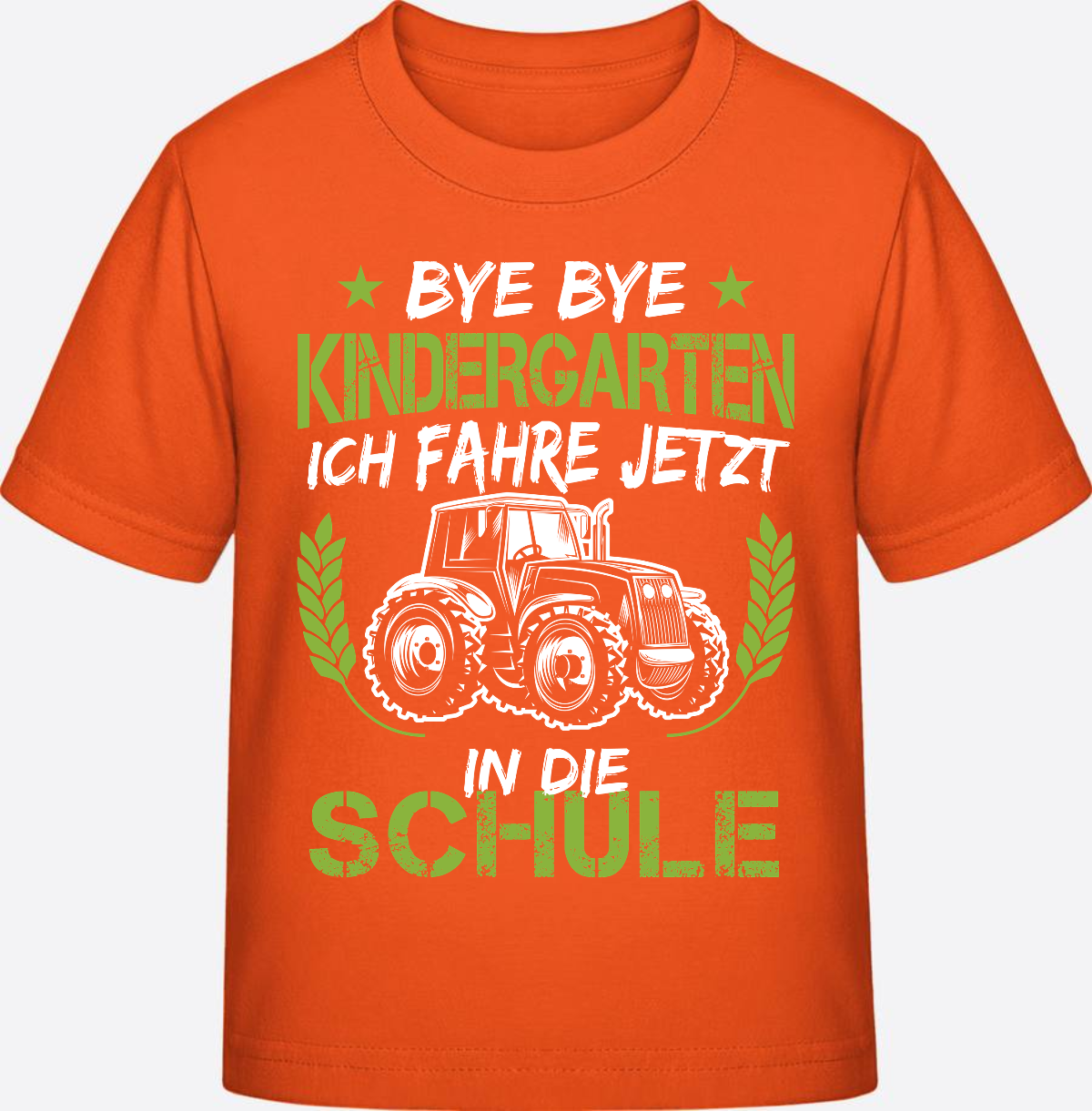 T-Shirt Einschulung Traktor Weiß-Grün – Bye Bye Kindergarten - Orange