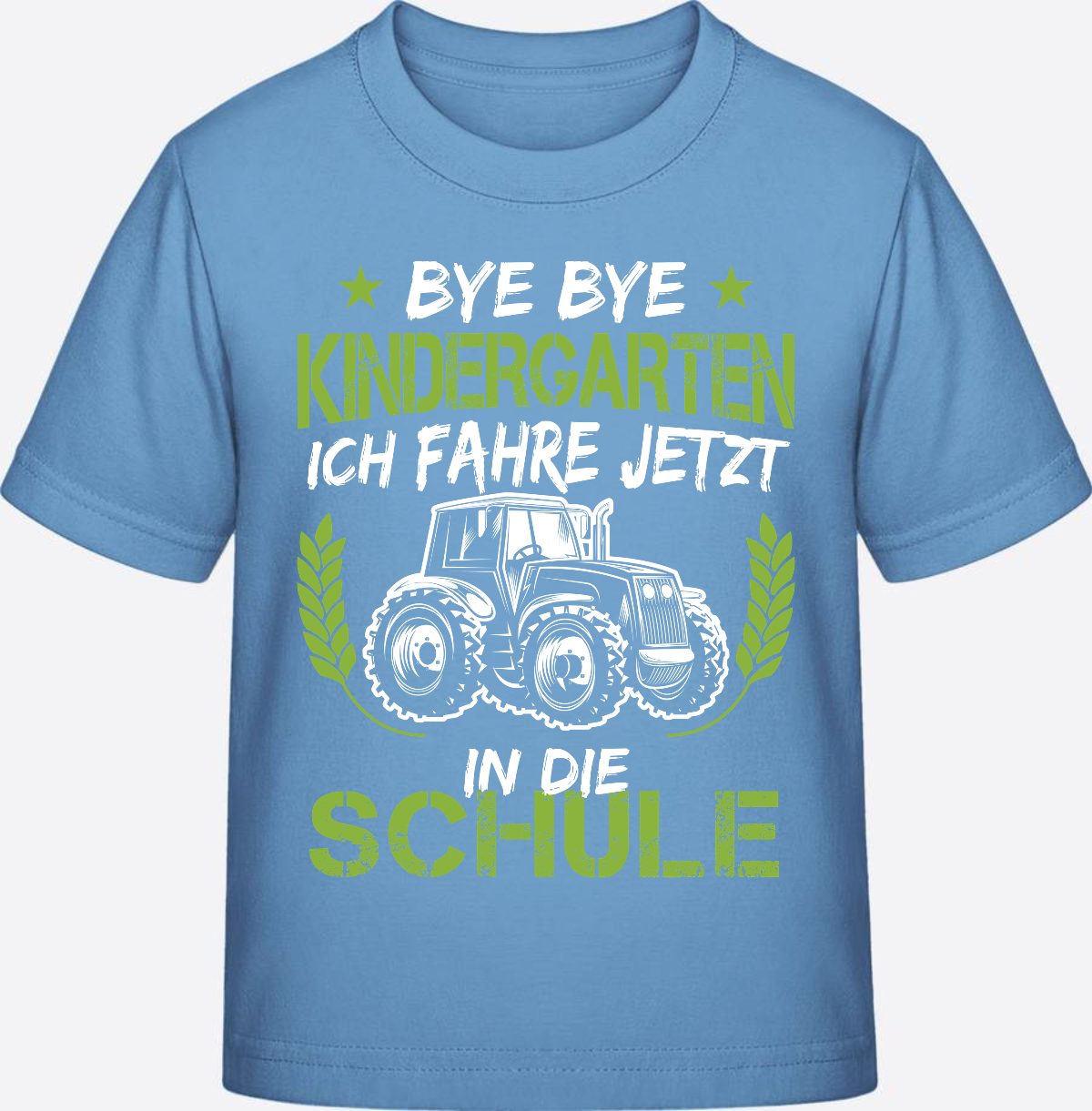 T-Shirt Einschulung Traktor Weiß-Grün – Bye Bye Kindergarten - Sky Blue