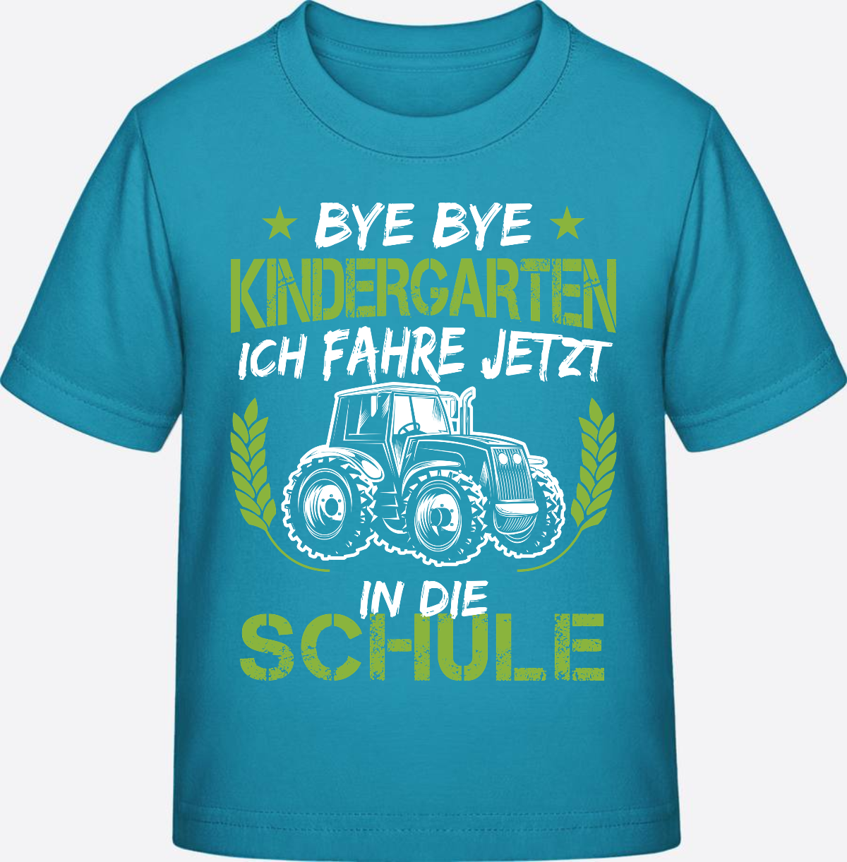 T-Shirt Einschulung Traktor Weiß-Grün – Bye Bye Kindergarten - Swimming Pool