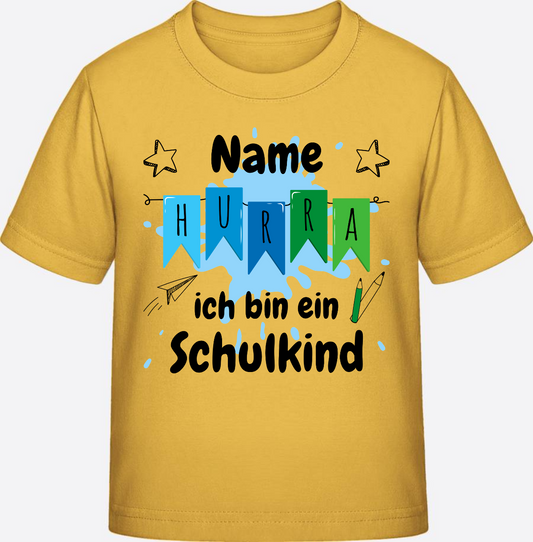 T-Shirt Hurra ich bin ein Schulkind – Personalisiert - Gold