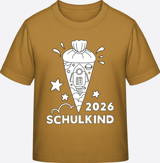 T-Shirt Schulkind 2025 – Rakete zum Ausmalen mit Name - Ochre