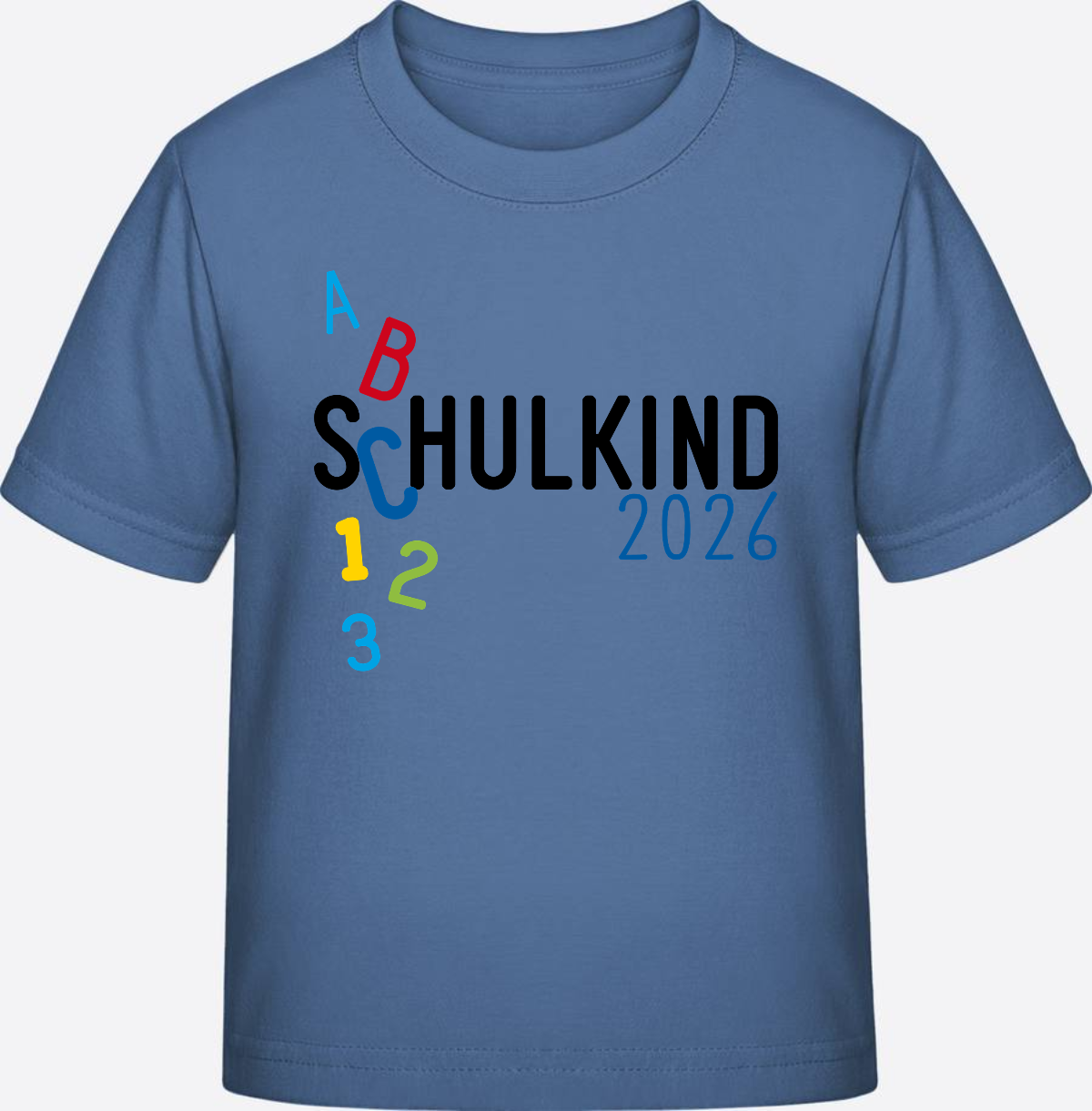 T-Shirt Schulkind 2026 ABC Blau – Personalisiert mit Name - Bright Blue