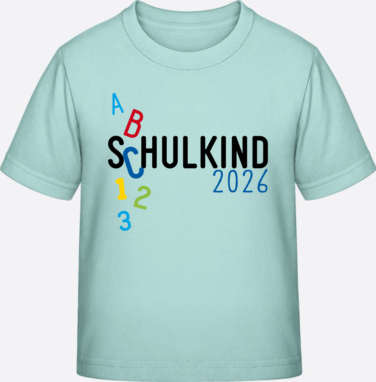 T-Shirt Schulkind 2026 ABC Blau – Personalisiert mit Name - Caribbean Blue