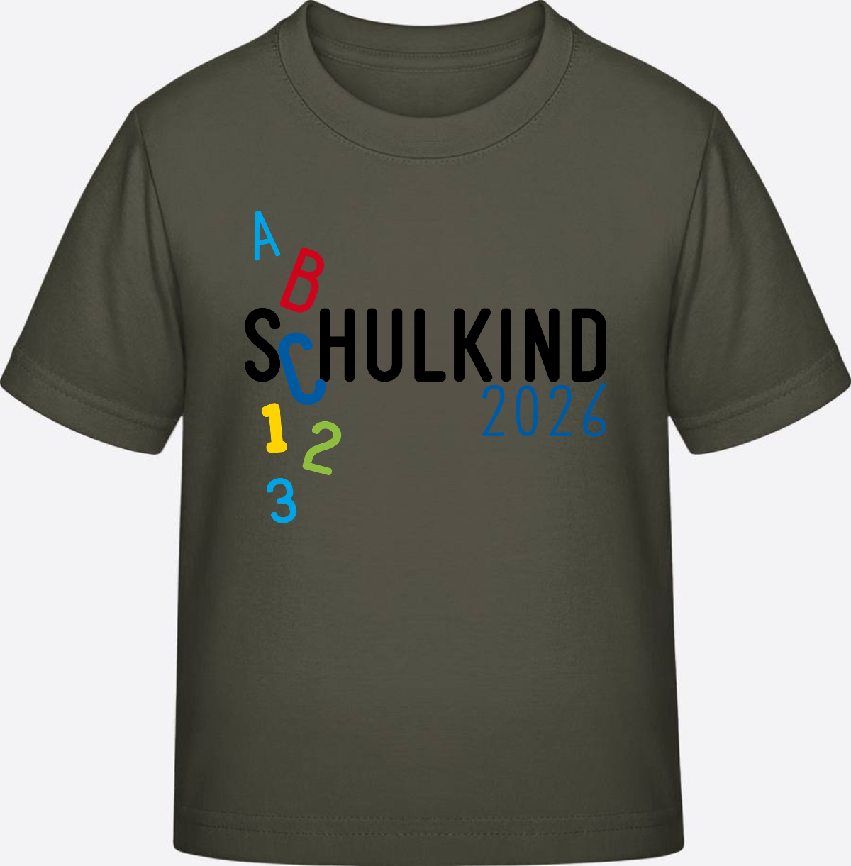 T-Shirt Schulkind 2026 ABC Blau – Personalisiert mit Name - Khaki