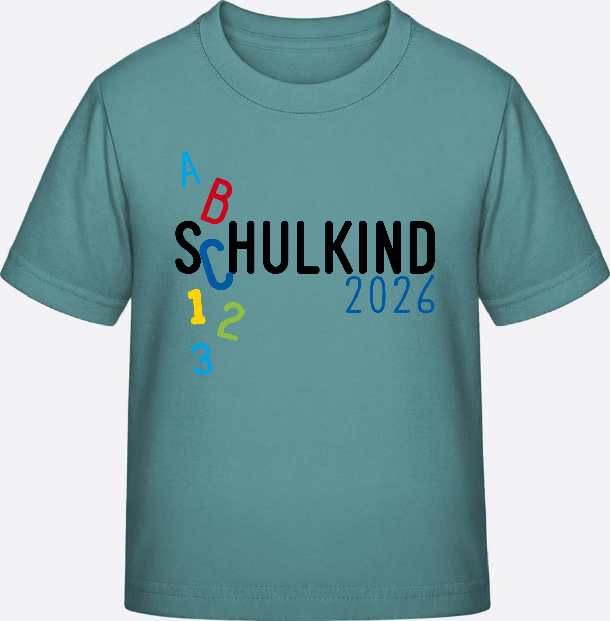 T-Shirt Schulkind 2026 ABC Blau – Personalisiert mit Name - Teal Monstera