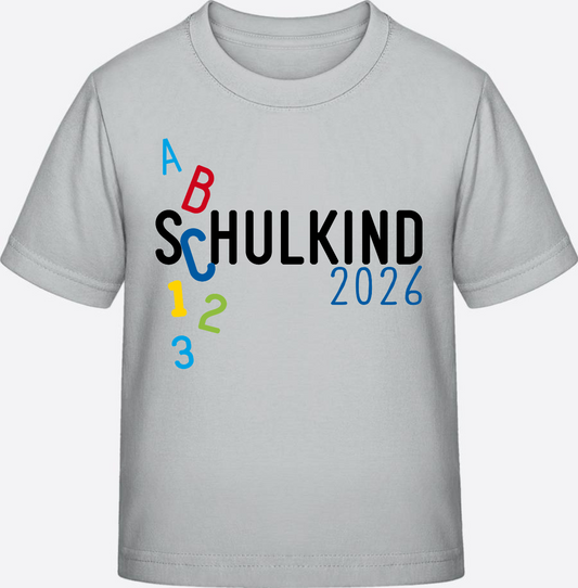 T-Shirt Schulkind 2026 ABC Blau – Personalisiert mit Namen - Pacific Grey