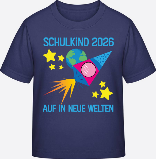 T-Shirt Schulkind 2026 – Auf in neue Welten mit Wunschnamen - Indigo