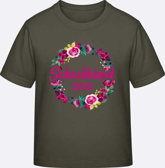 T-Shirt Schulkind 2026 Blumenkranz – Personalisiert - Khaki