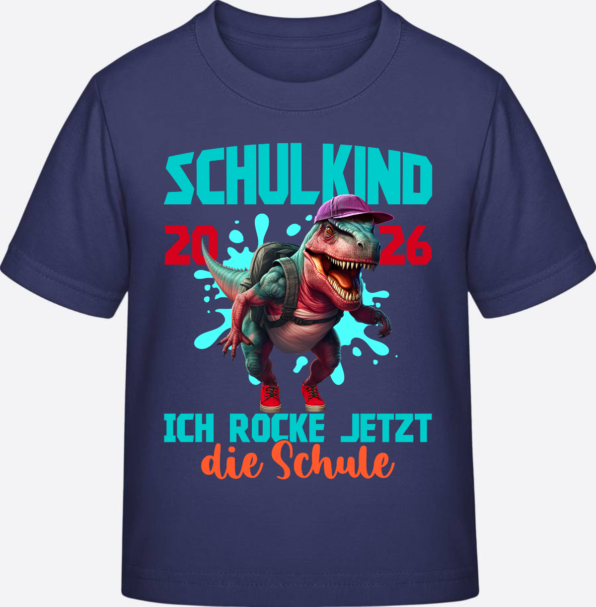 T-Shirt Schulkind 2026 Dinosaurier: Ich rocke die Schule - Indigo