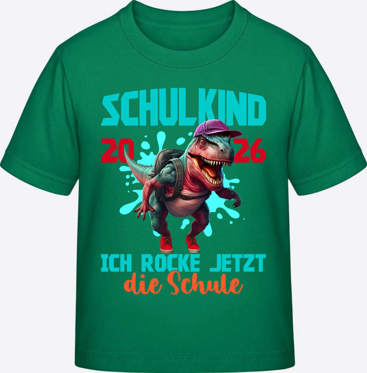 T-Shirt Schulkind 2026 Dinosaurier: Ich rocke die Schule - Kelly Green