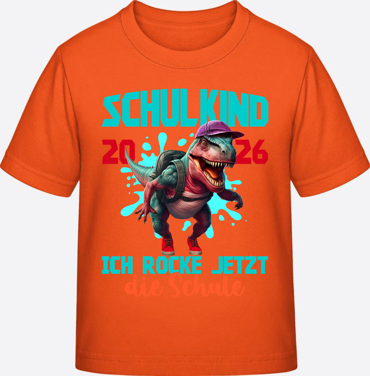 T-Shirt Schulkind 2026 Dinosaurier: Ich rocke die Schule - Orange