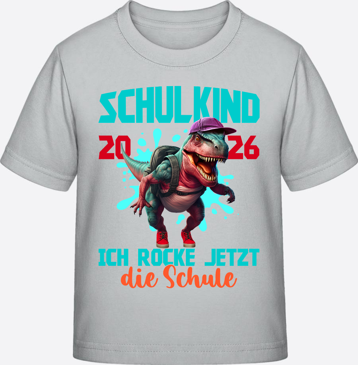T-Shirt Schulkind 2026 Dinosaurier: Ich rocke die Schule - Pacific Grey