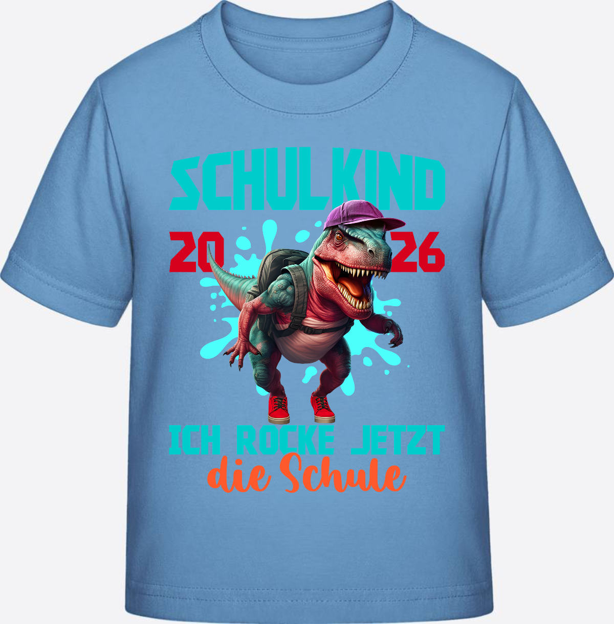 T-Shirt Schulkind 2026 Dinosaurier: Ich rocke die Schule - Sky Blue