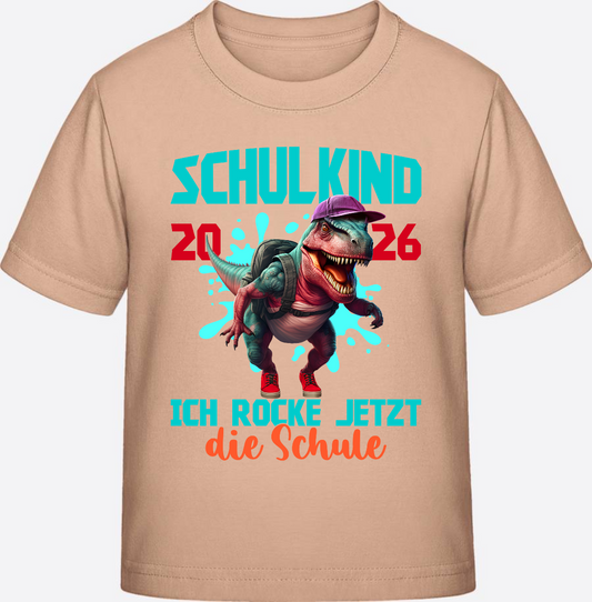 T-Shirt Schulkind 2026 Dinosaurier T-Rex mit Wunschnamen - Fraiche Peche