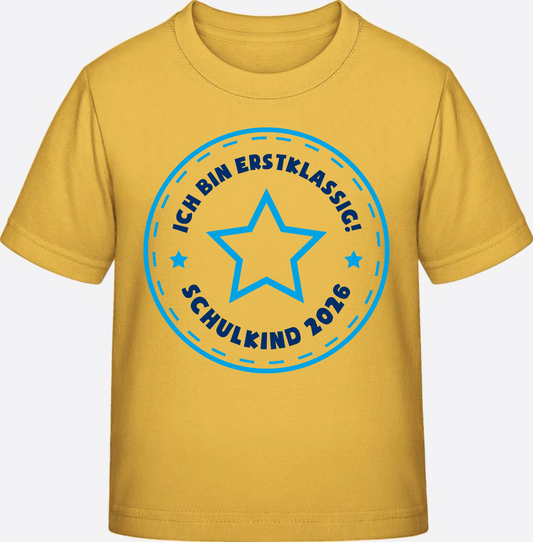 T-Shirt Schulkind 2026 – Ich bin erstklassig (Stern blau) - Gold