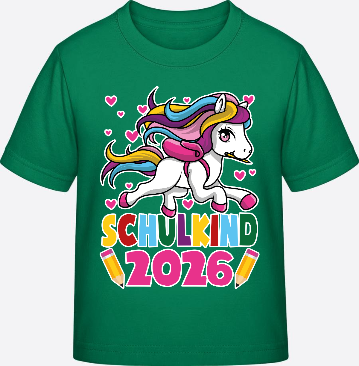 T-Shirt Schulkind 2026 mit Einhorn – Personalisiert - Kelly Green