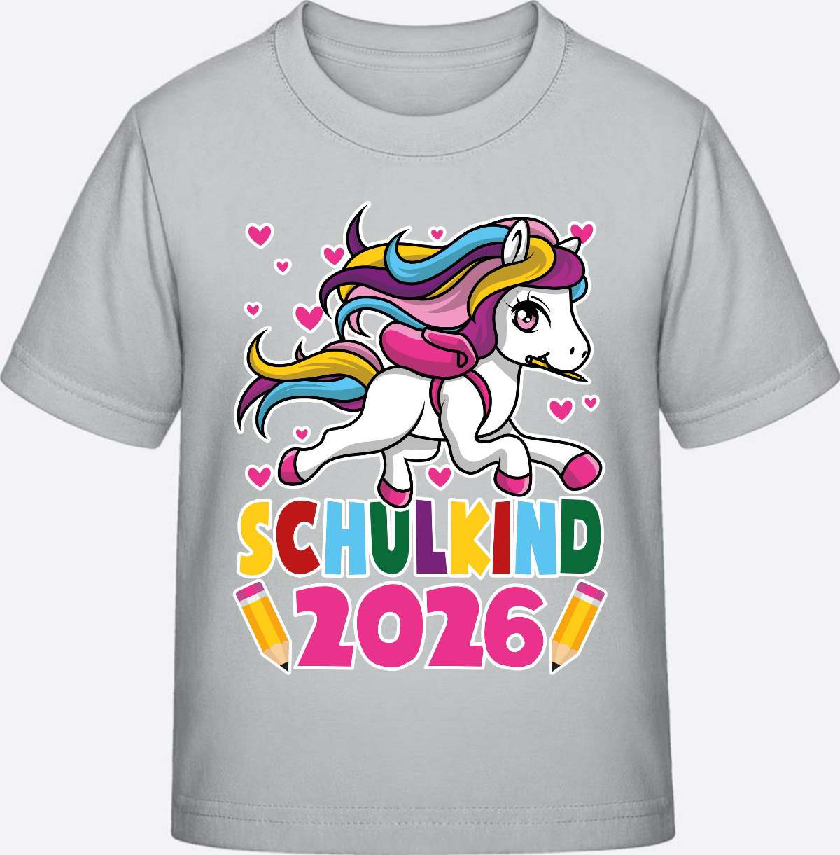T-Shirt Schulkind 2026 mit Einhorn – Personalisiert - Pacific Grey