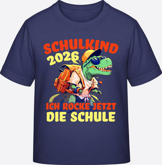 T-Shirt Schulkind 2026: T-Rex Dino - Ich rocke die Schule - Indigo
