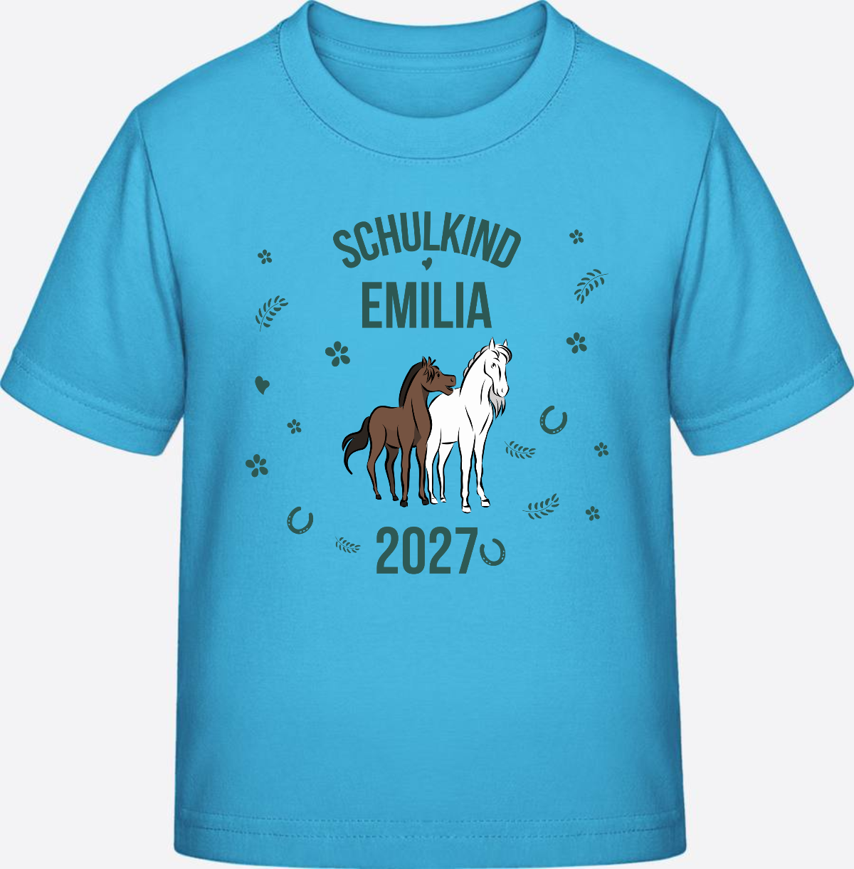 T-Shirt Schulkind mit Pferd & Wunschnamen | Einschulung - Aqua Blue