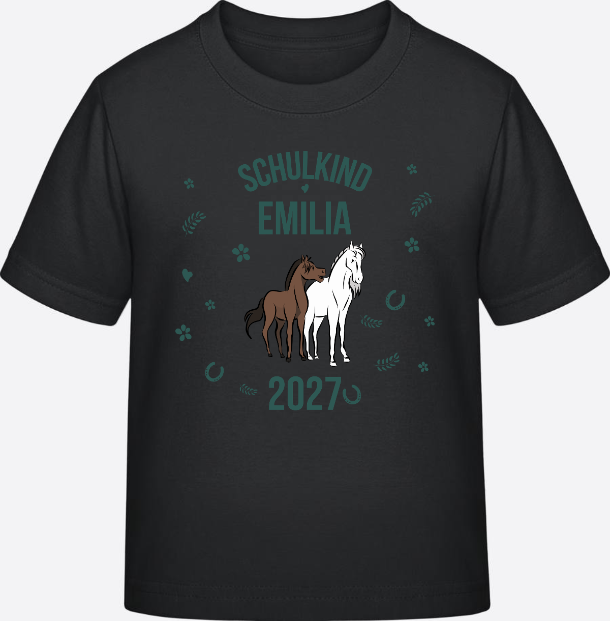 T-Shirt Schulkind mit Pferd & Wunschnamen | Einschulung - Black