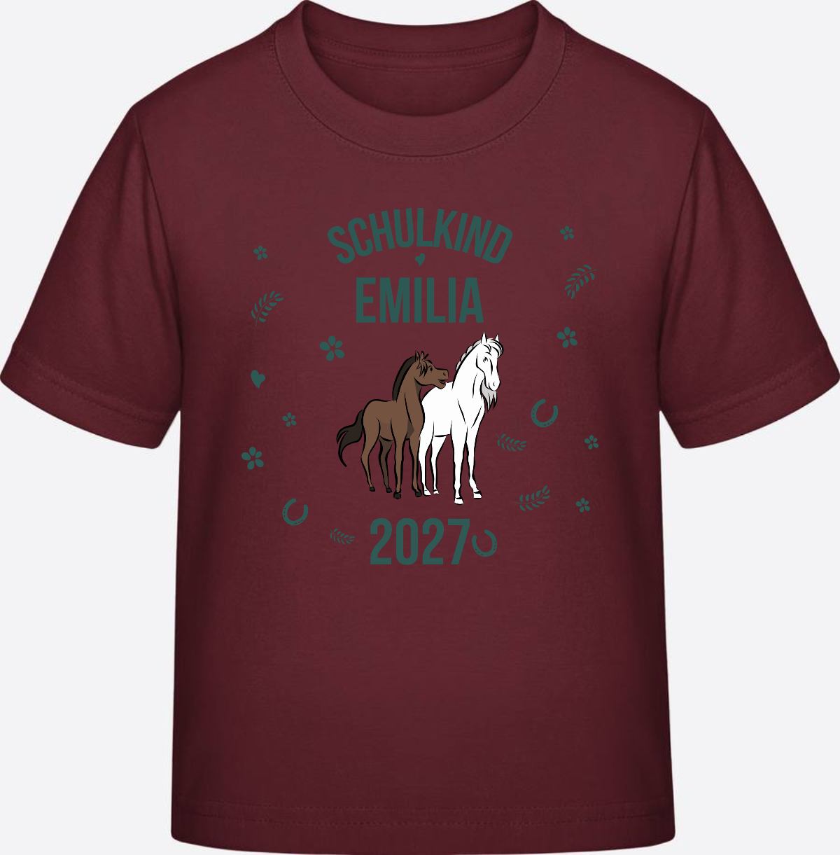 T-Shirt Schulkind mit Pferd & Wunschnamen | Einschulung - Burgundy
