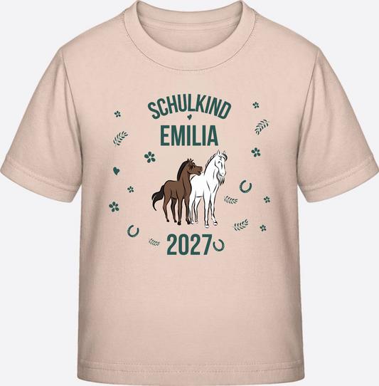 T-Shirt Schulkind mit Pferd & Wunschnamen | Einschulung - Eco-Heather