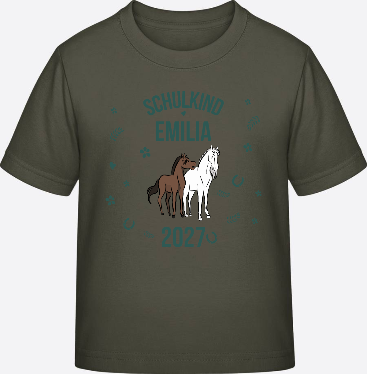 T-Shirt Schulkind mit Pferd & Wunschnamen | Einschulung - Khaki