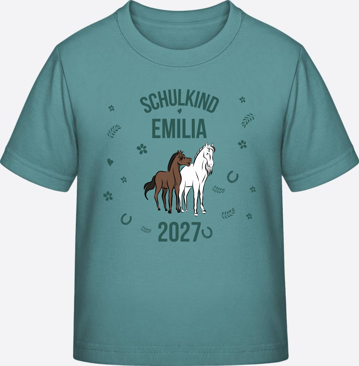 T-Shirt Schulkind mit Pferd & Wunschnamen | Einschulung - Teal Monstera