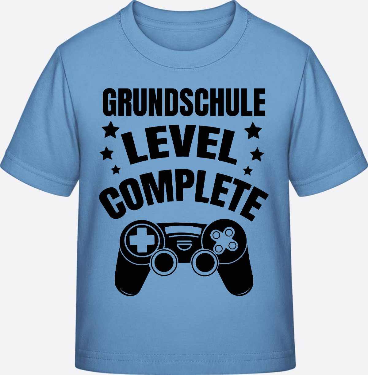 T-Shirt zur Einschulung – Level Complete schwarz mit Name - Sky Blue