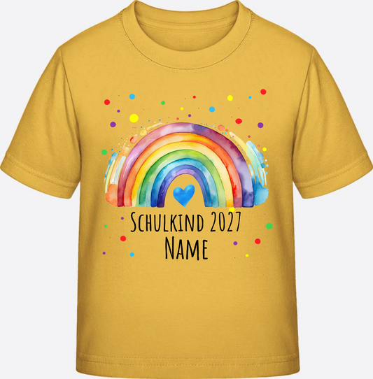 T-Shirt zur Einschulung – Schulkind Regenbogen mit Name - Gold