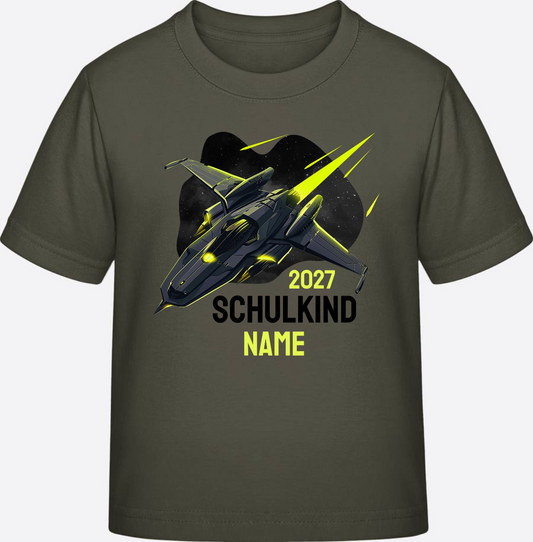 T-Shirt zur Einschulung – Schulkind Spaceshuttle mit Name - Khaki