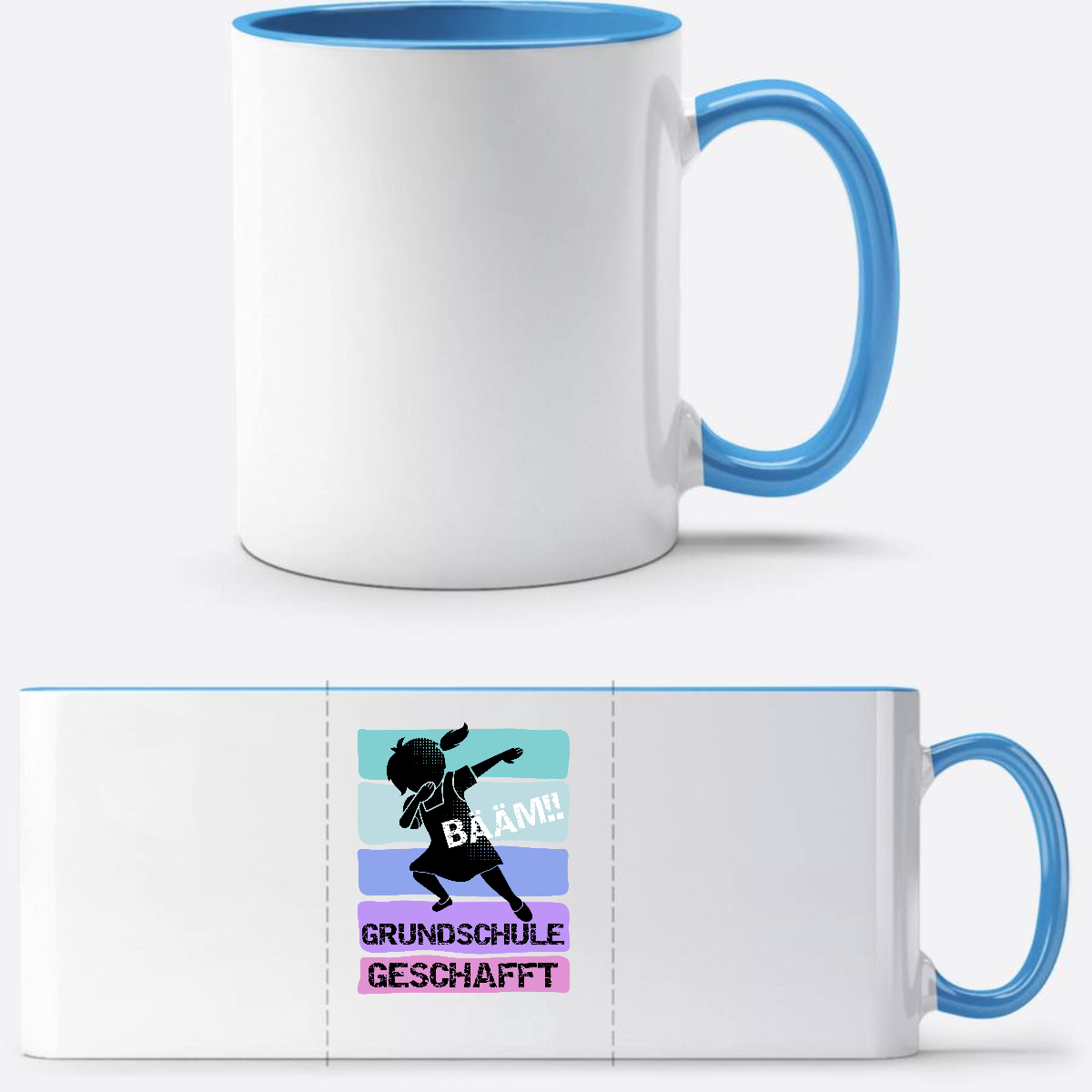 Tasse Bääm! Grundschule geschafft – Mädchen mit Wunschnamen - Weiß/Hellblau