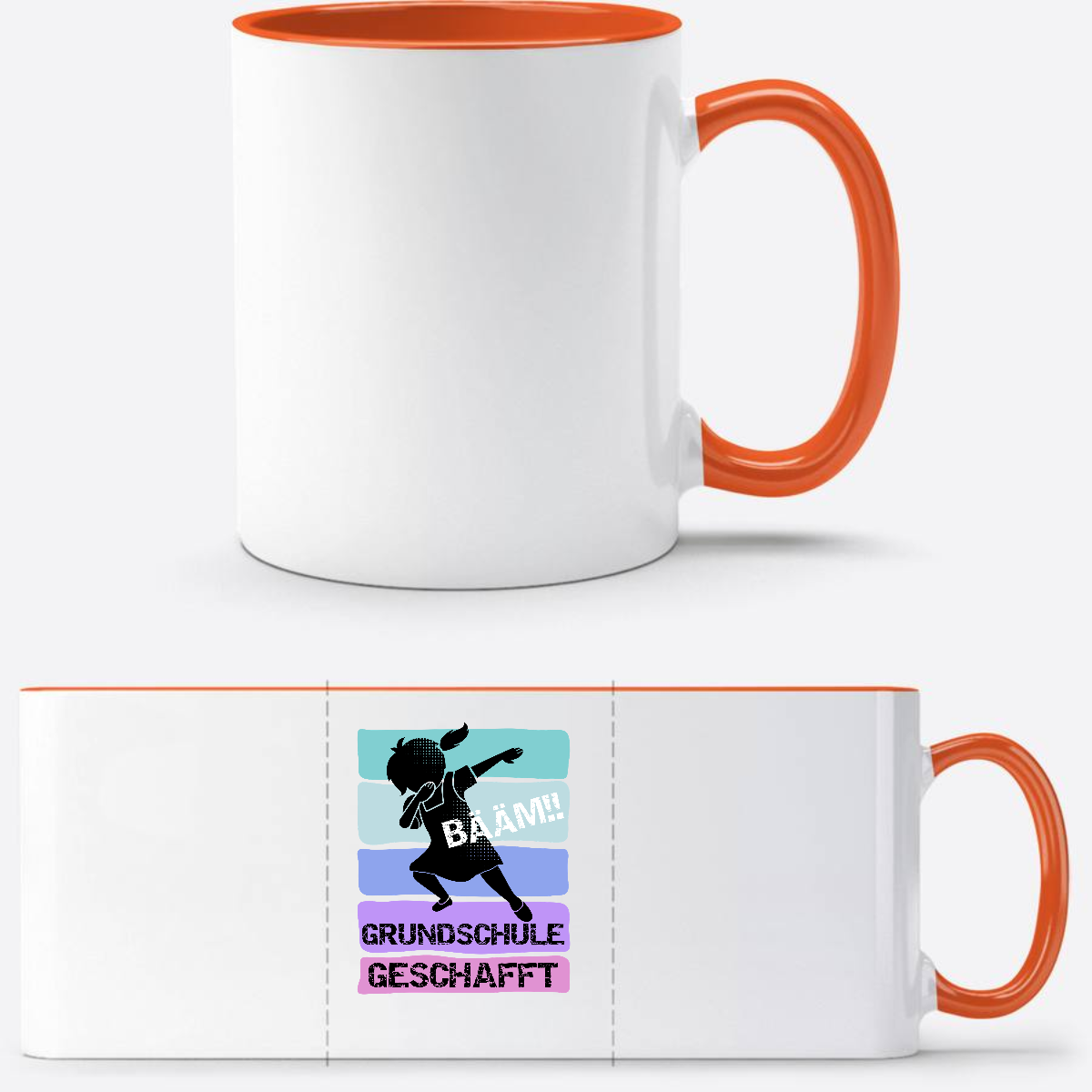 Tasse Bääm! Grundschule geschafft – Mädchen mit Wunschnamen - Weiß/Orange