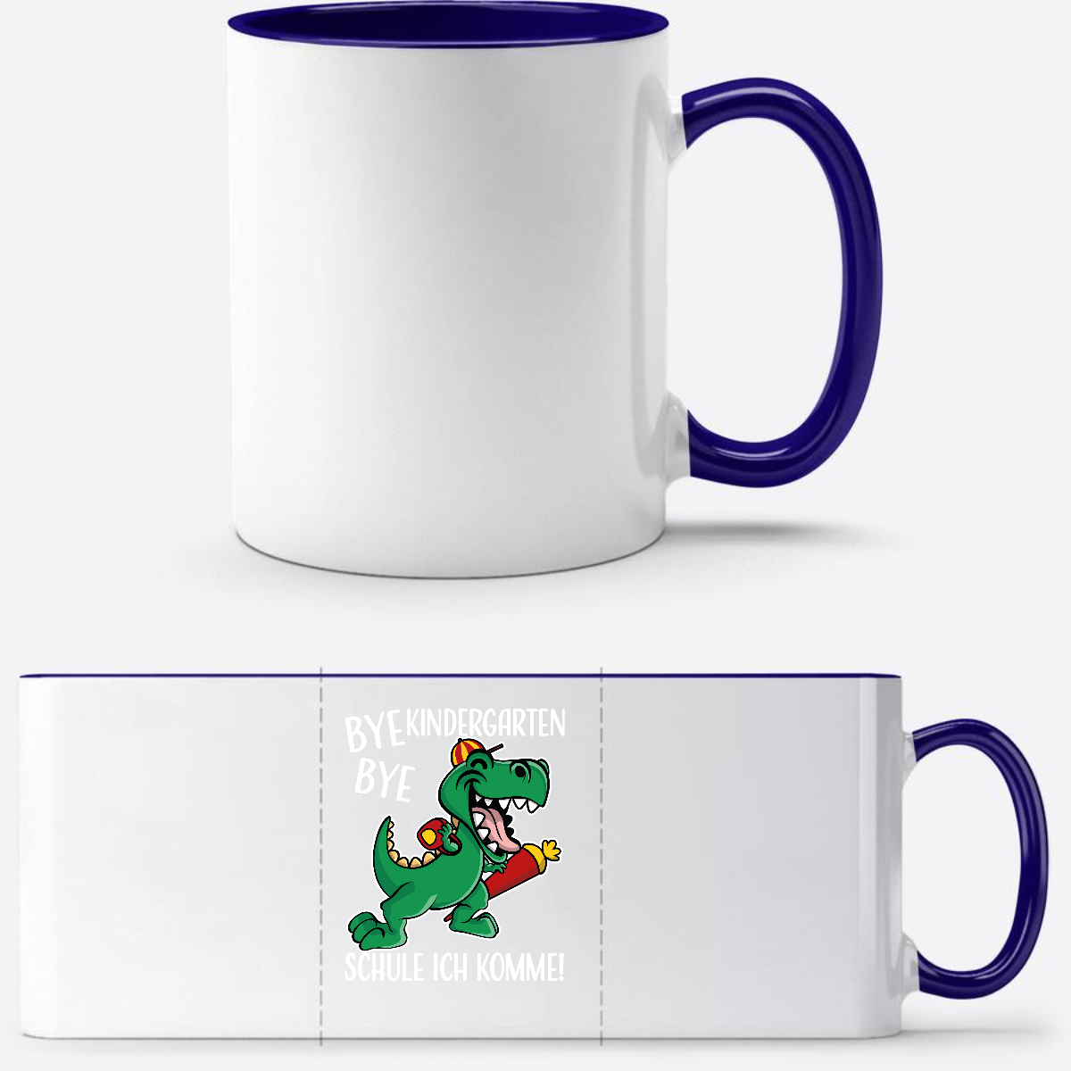 Tasse Bye Bye Kindergarten Dino – Personalisiert zur Einschulung - Weiß/Dunkelblau