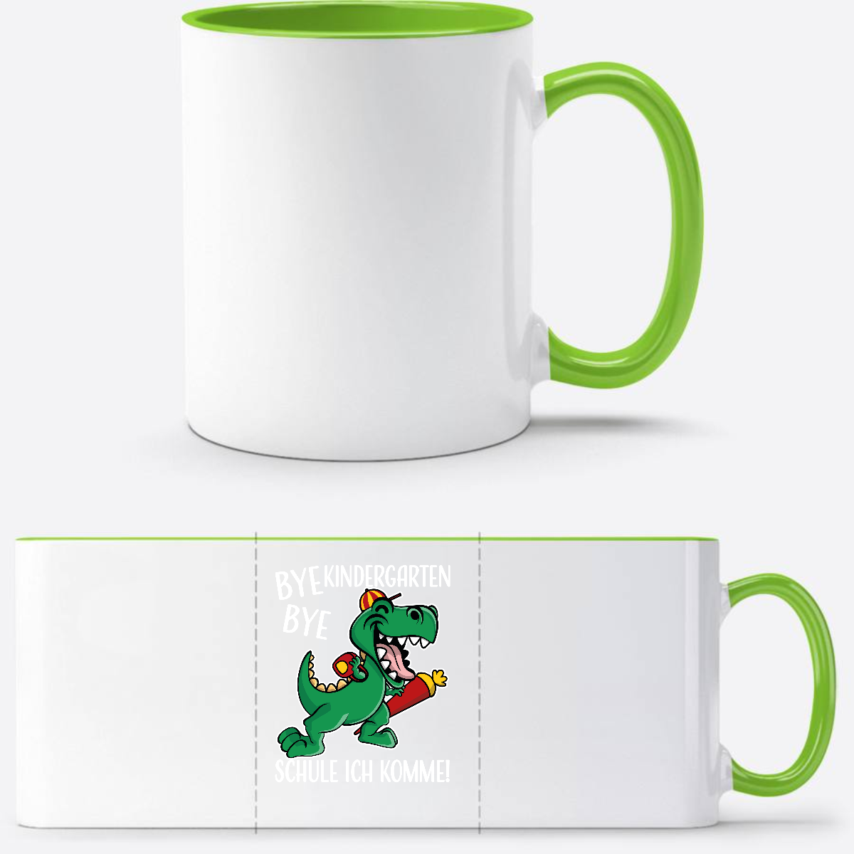 Tasse Bye Bye Kindergarten Dino – Personalisiert zur Einschulung - Weiß/Grün