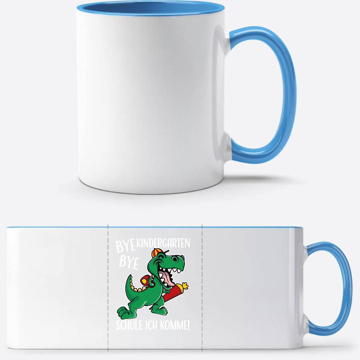 Tasse Bye Bye Kindergarten Dino – Personalisiert zur Einschulung - Weiß/Hellblau