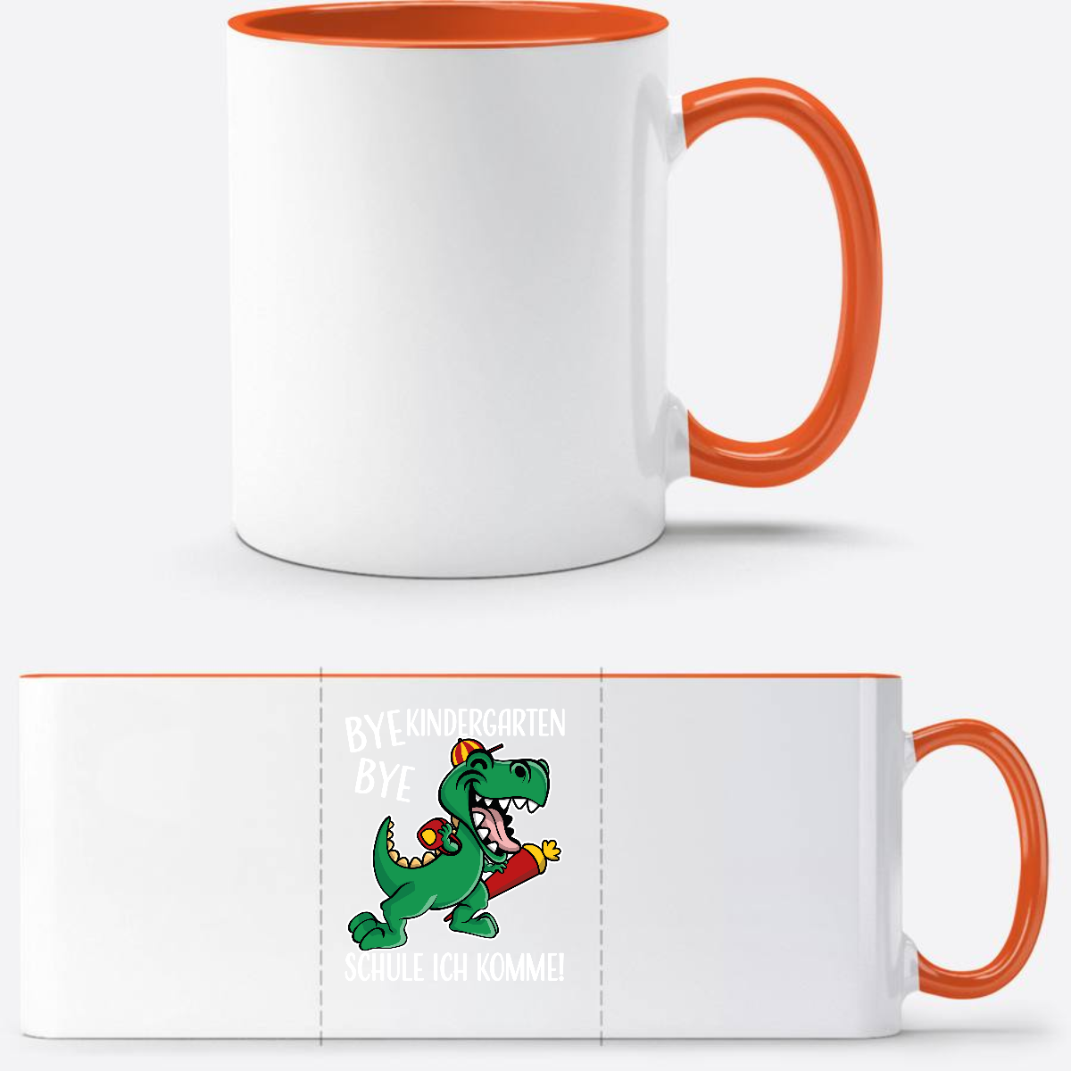 Tasse Bye Bye Kindergarten Dino – Personalisiert zur Einschulung - Weiß/Orange