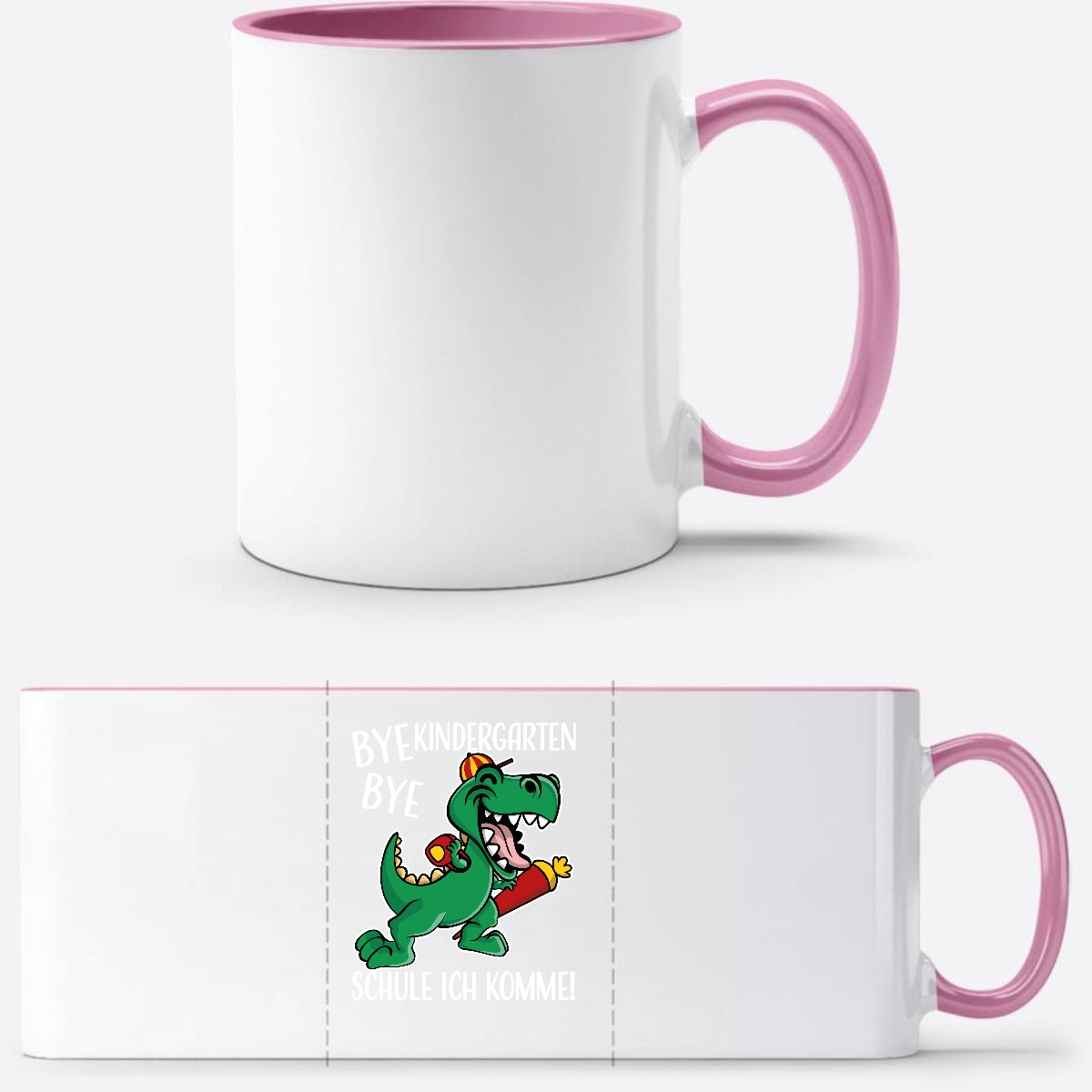 Tasse Bye Bye Kindergarten Dino – Personalisiert zur Einschulung - Weiss/Rosa